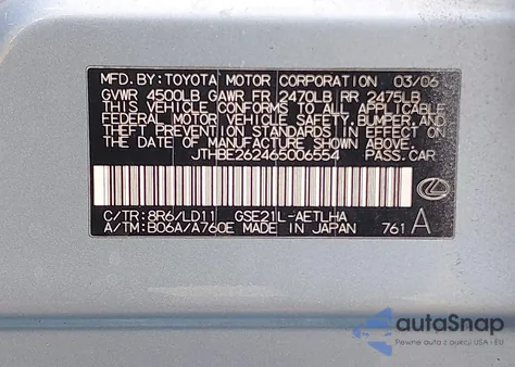 2006 Lexus Is 350 z USA, uszkodzony, nr VIN JTHBE262465006554